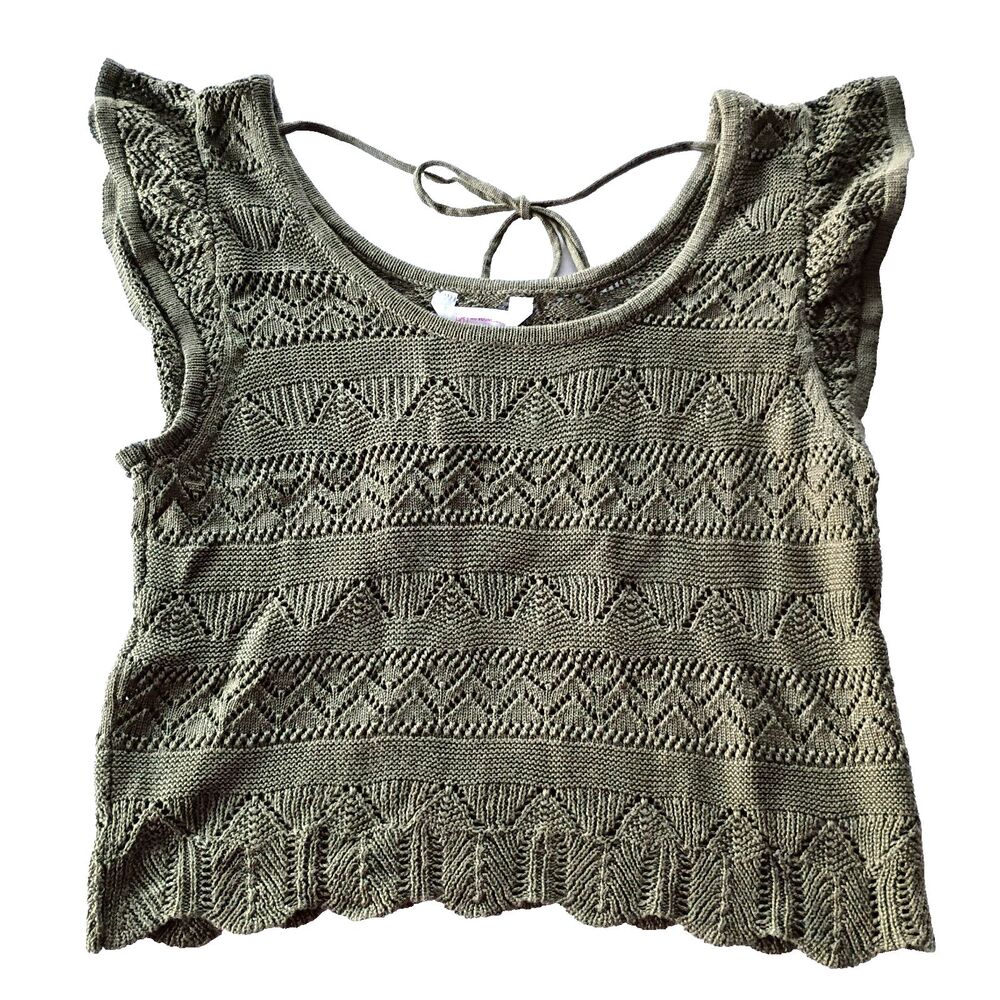 NOBO Green Fairycore Sweater Juniors L 11-13 Ruffle Sleeve Tie Back Scallop Hem